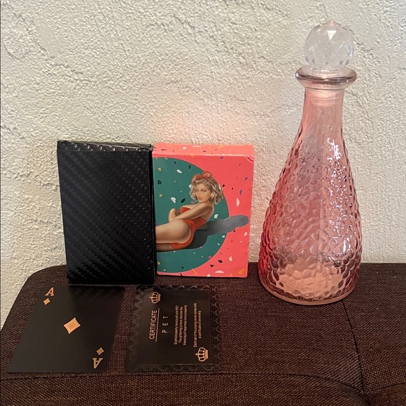 vintage girls playing card set Other - # 0495- Pink Textured Glass non-perfume bottle w/ 2 playing unique cards.